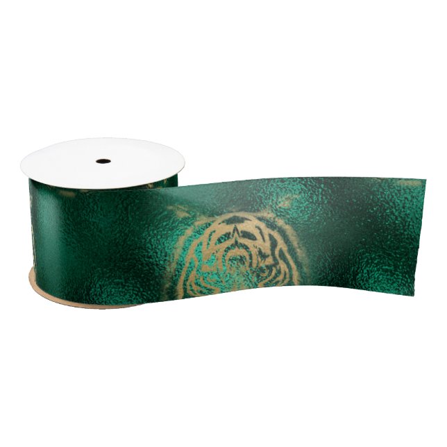 Ruban En Satin Tigre d'or face émeraude Green Wild Animal Feline (Bobine)