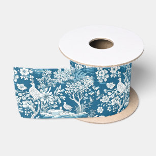 Ruban En Satin Toile bleue de Jouy d'inspiration florale épaisse