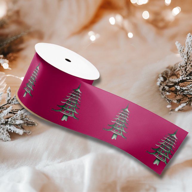 Ruban En Satin Tour rouge verte Pagode Sapin de Noël (Red green Pagoda Christmas Tree Satin Ribbon)