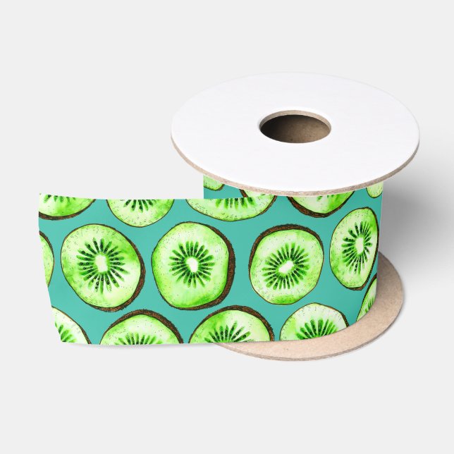 Ruban En Satin Tranches Kiwi sur turquoise (Bobine)
