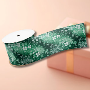 Ruban En Satin Trèfles et points blancs chic sur fond vert foncé