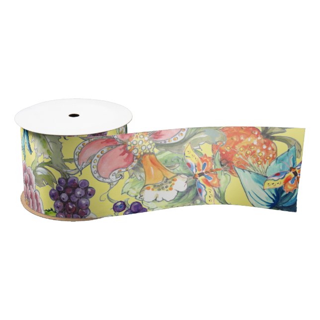 Ruban En Satin Tropical Floral Yellow Butterfly Oriental Garden (Bobine)