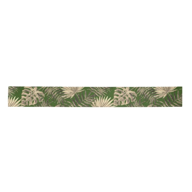 Ruban En Satin Tropical Palm Tree Feuille Motif Vert Or (Devant)