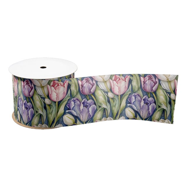Ruban En Satin Tulipes Classiques Rose, Violet, Blanc (Bobine)