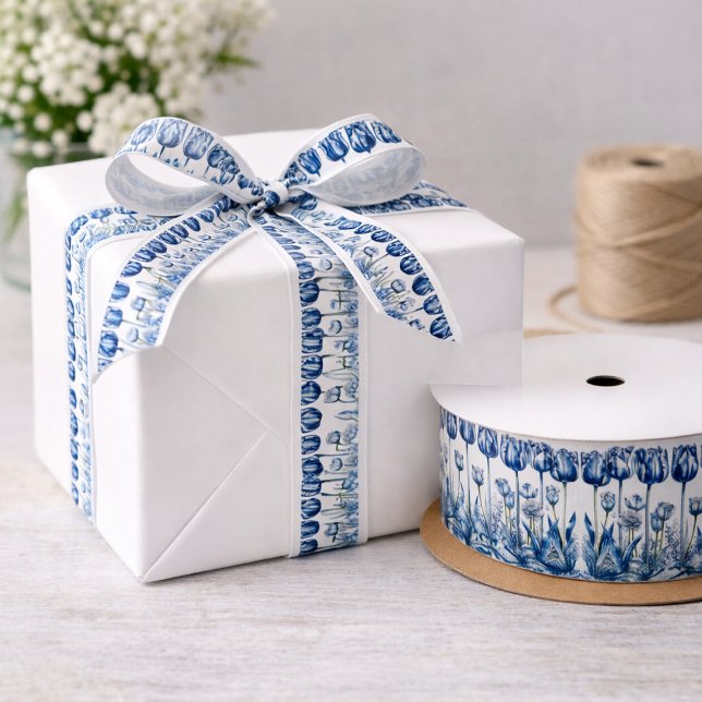 Ruban En Satin Tulipes en bleu de Delft  (Créateur téléchargé)