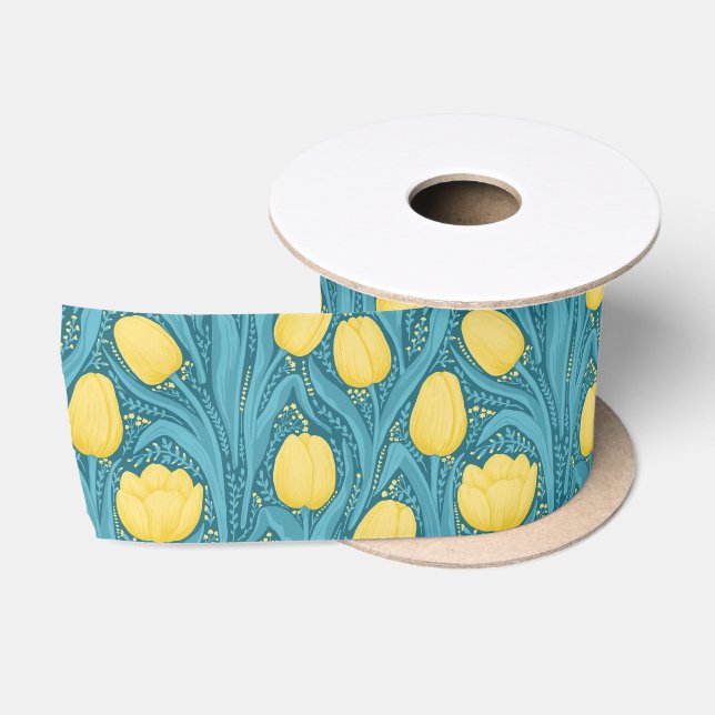 Ruban En Satin Tulipes en bleu et jaune (Bobine)