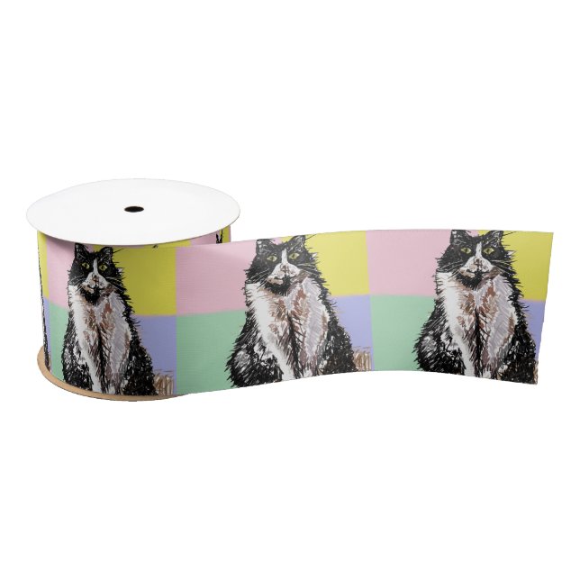 Ruban En Satin Tuxedo Cat Art Cute Pastel Satin Ribbon (Bobine)