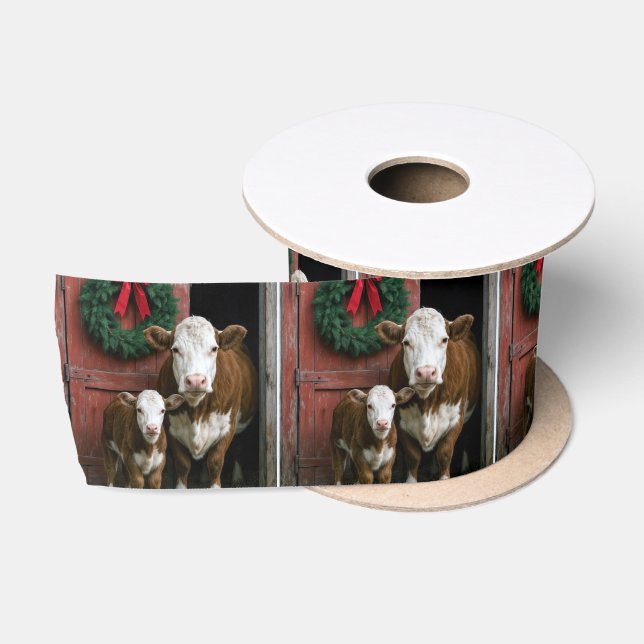 Ruban En Satin Vache et veau Hereford de Noël (Bobine)