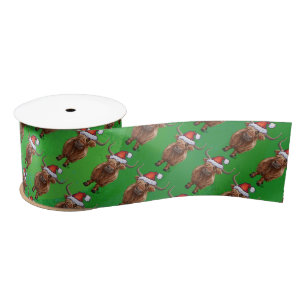 Ruban En Satin Vache Highland à Santa Hat Motif sur vert