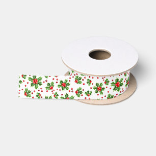 Ruban En Satin Vert de Noël classique houx baies rouges