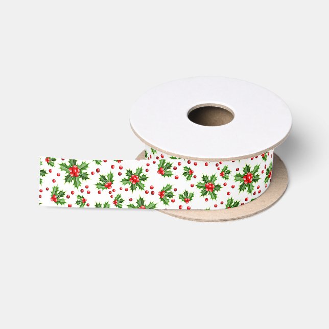 Ruban En Satin Vert de Noël classique houx baies rouges (Bobine)