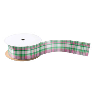 Ruban En Satin Vert émeraude, rose chaud, Madras carreauté prépa 