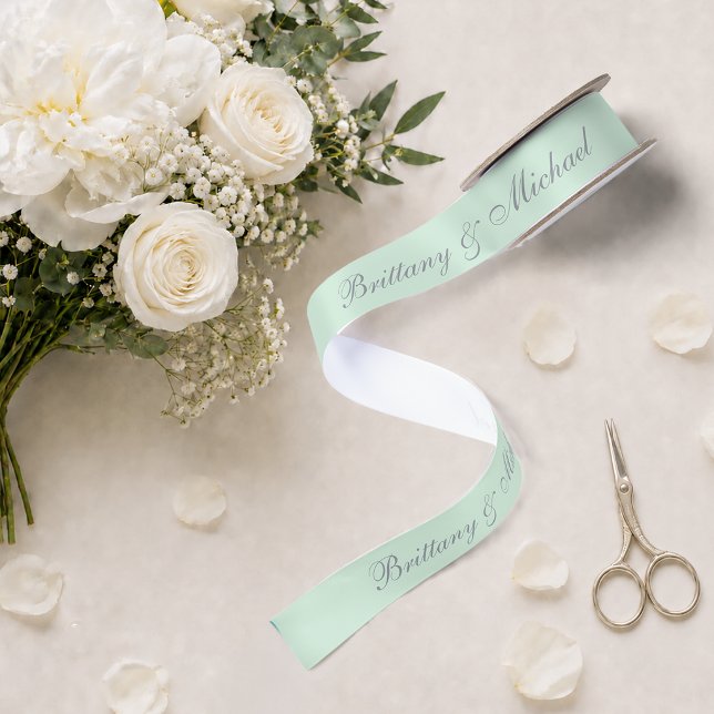 Ruban En Satin Vert Menthe Mariage Calligraphie Élégante Script (Créateur téléchargé)