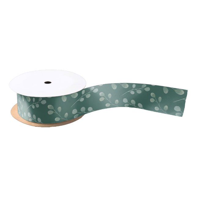 Ruban En Satin Vert Motif Eucalyptus (Bobine)