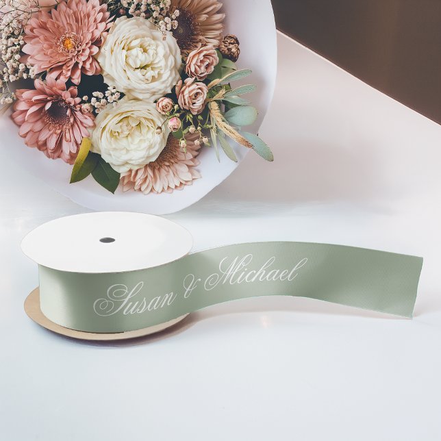 Ruban En Satin Vert sauge mariage calligraphie élégante script (Créateur téléchargé)