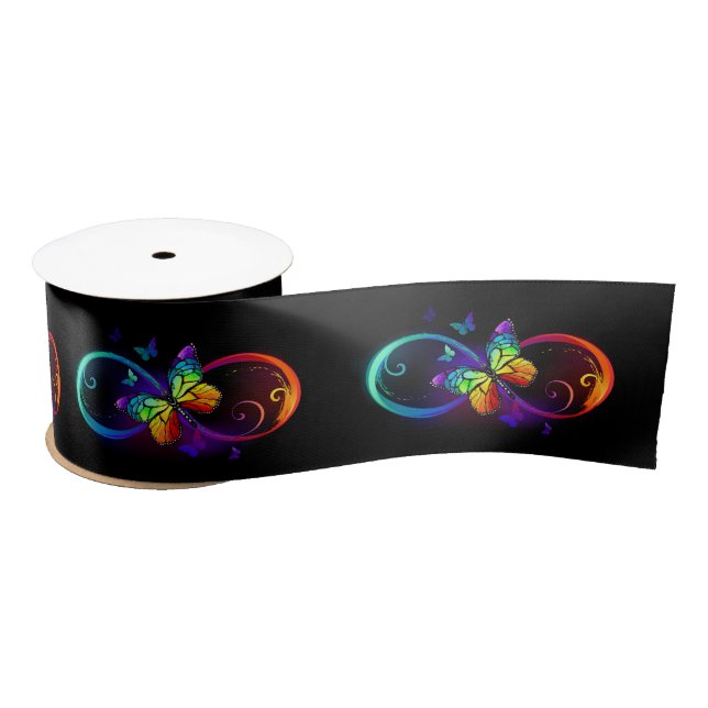 Ruban En Satin Vibrant infinity with rainbow butterfly on black (Bobine)