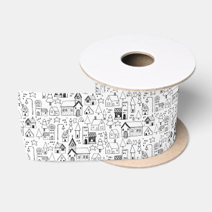 Ruban En Satin Village de Noël pour enfants Whimsical Black & Whi