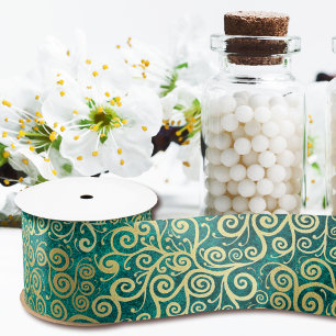 Ruban En Satin Vintage Gold Swirls Motif Luxe Boho Jade Green