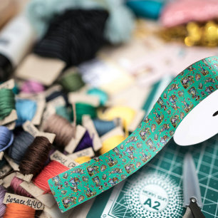 Ruban En Satin Vintage Mint vert Aquarelle Motif lapin de Pâques