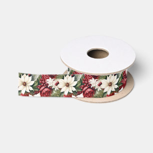 Ruban En Satin Vintage Rustique Fleurs de Noël feuille Motif