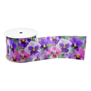Ruban En Satin Violets colorés Pansy Flower Motif