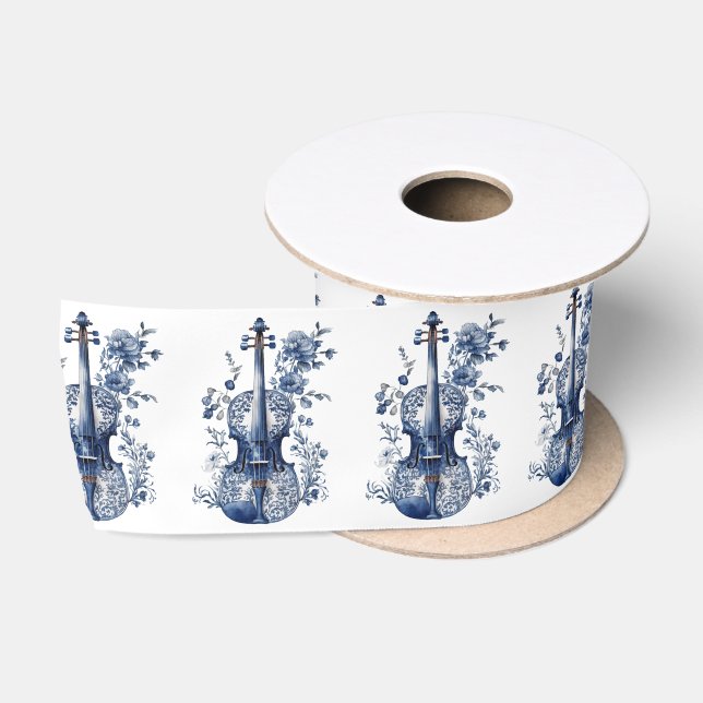 Ruban En Satin Violon de style Delft bleu et blanc avec fleurs (Bobine)