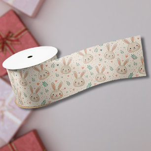 Ruban En Satin Visages de petits lapins vintage avec motif de ros