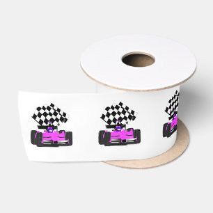 Ruban En Satin Voiture de course rose avec drapeau à damier