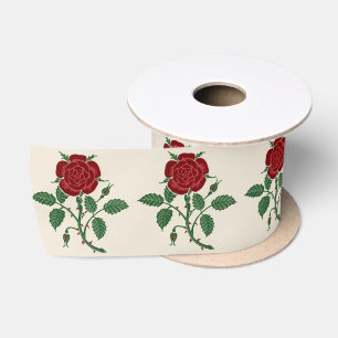 Ruban En Satin Walter Crane Motif de Rose Rouge Saxonne Vintage