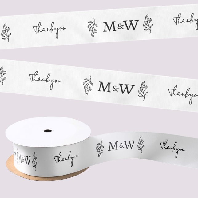 Ruban En Satin Wedding Couple Monogram Thank You Botanical Leaf (Personalized wedding couple monogram initials botanical leaf art thank you ribbon)