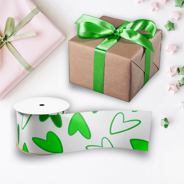 Ruban En Satin Whimsical Fun Green Heart Motif (Whimsical Fun Green Heart Pattern Satin Ribbon)