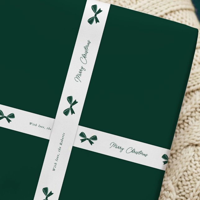 Ruban En Satin Whimsical Green Bows Joyeux Noël Nom personnalisé (Green bows elegant Christmas white satin ribbon with your custom name)