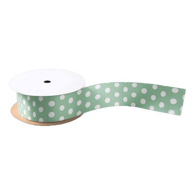 Ruban En Satin White Polka Dots on Sage Green  (Bobine)