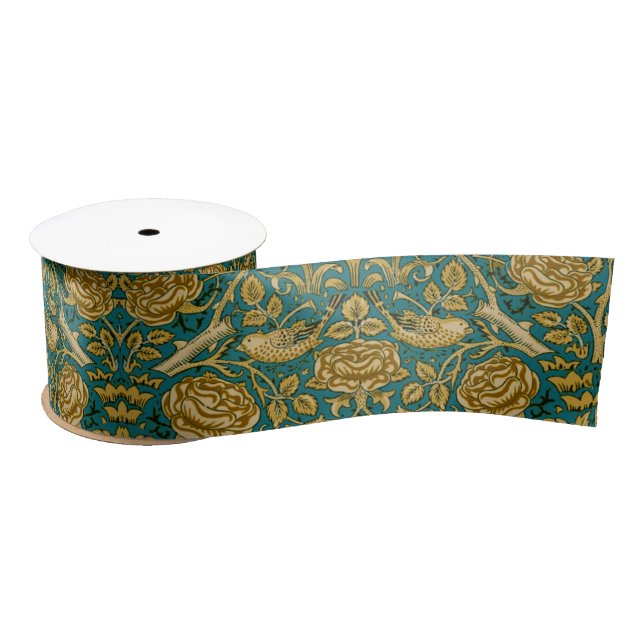 Ruban En Satin William Morris Tudor Rose Pattern Blue Golden (Bobine)