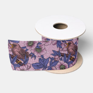 Ruban En Satin Wren and hellebore, rose et violetWren and helleb