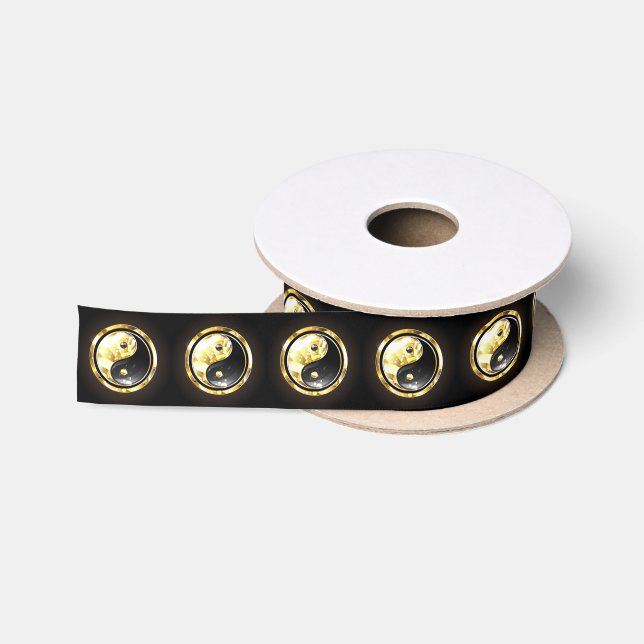 Ruban En Satin Yin Yang or sur noir (Bobine)