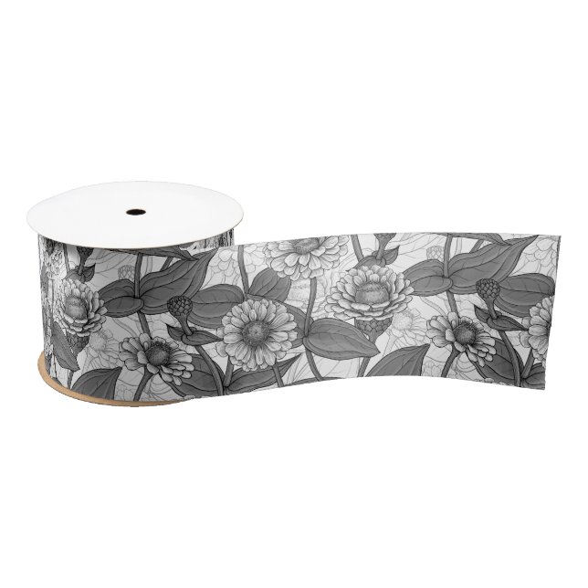 Ruban En Satin Zinnias, monochrome sur blanc (Bobine)
