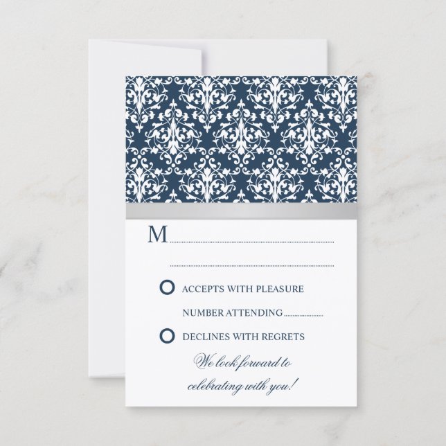 Ruban Faux Argent Damassé Marine RSVP Mariage (Dos)