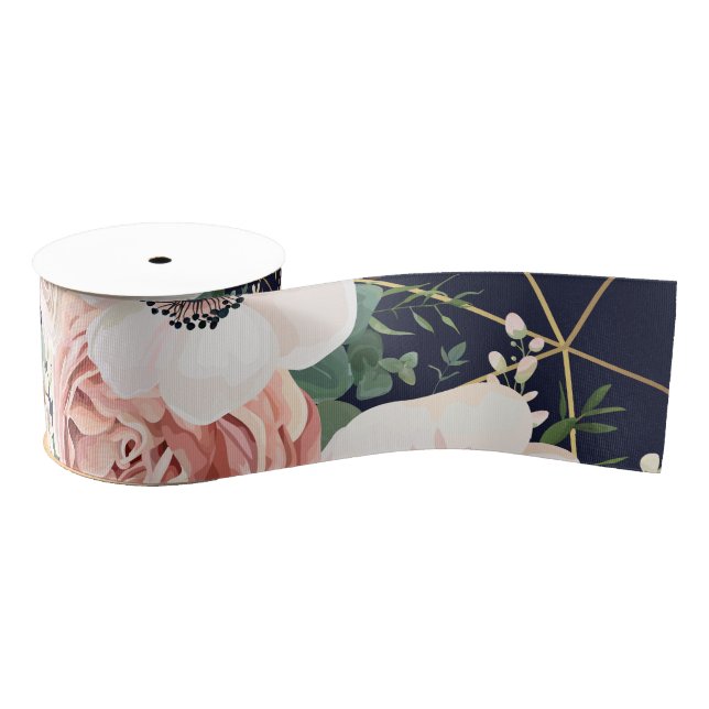 Ruban Gros-grain 3" Grosgrain Ruban Géométrique Jardin Rose Marine  (Bobine)