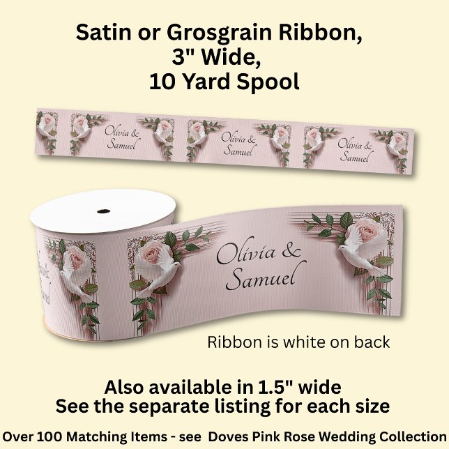 Ruban Gros-grain Add Names, 3" Wide Pink Roses & Doves Wedding (Créateur téléchargé)