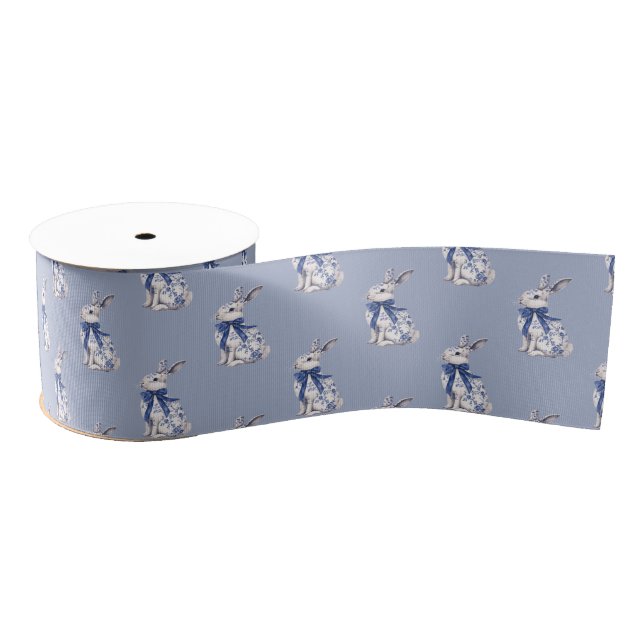 Ruban Gros-grain Aquarelle Bleu et blanc Chinoiserie Lapin Rabbit (Bobine)