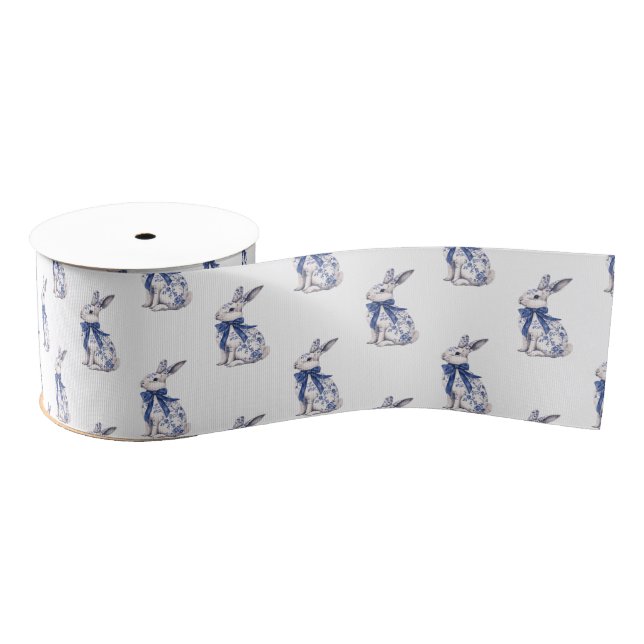 Ruban Gros-grain Aquarelle Bleu et blanc Chinoiserie Lapin Rabbit (Bobine)