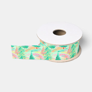 Ruban Gros-grain Aquarelle de Noël Palm Beach Pink & Green Trees