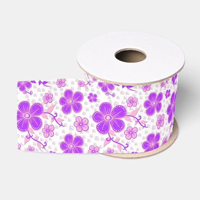 Ruban Gros-grain Aquarelle florale simple impression violet et rose (Bobine)