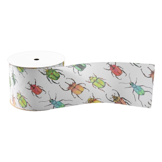 Ruban Gros-grain Aquarelle Logs Bugs Colorful Beetles Motif (Bobine)