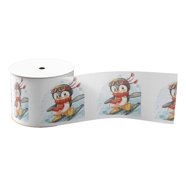 Ruban Gros-grain Aquarelle Pingouins Ski de neige (Bobine)