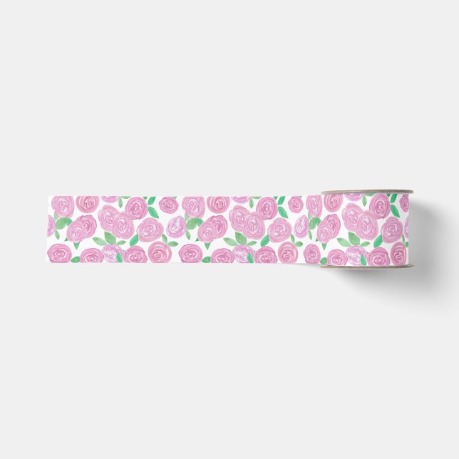 Ruban Gros-grain Aquarelle, roses roses (Devant)