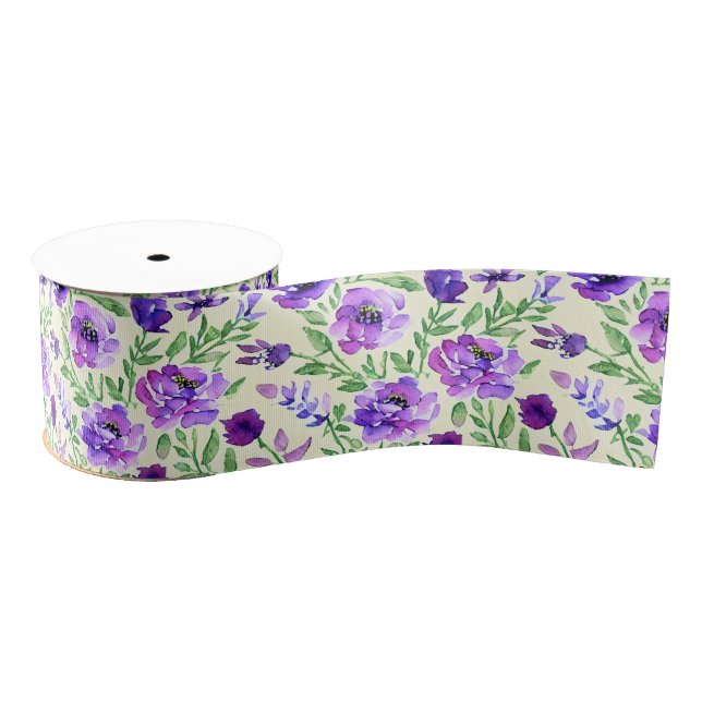 Ruban Gros-grain Aquarelle violet vert Floral Pays Français (Bobine)