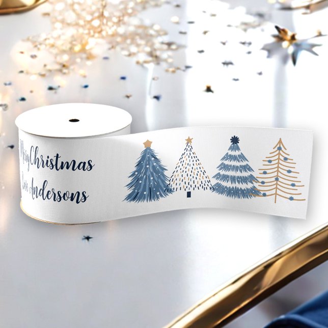 Ruban Gros-grain Arbres Bleus Moderne Simple Nom de Noël Texte (Blue Trees Modern Simple Christmas Name Text Grosgrain Ribbon)