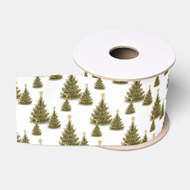 Ruban Gros-grain Arbres verts blancs botaniques de vacances  (Bobine)